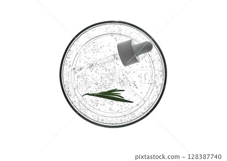 A pipette with cosmetic serum and rosemary on a white background. 128387740