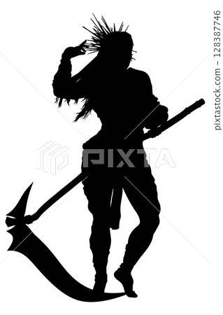 Dynamic Female Warrior with Flowing Hair 128387746