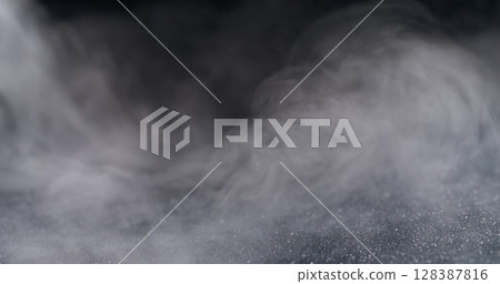Haze flow. Paint fume. Defocused white water vapor mist liquid texture creative particles spreading on abstract steam dark black background. Haze flow. Paint fume. Defocused white water vapor mist liquid texture creative particles spreading on abstract steam dark black background. 128387816