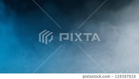 Bokeh vapor. Smoke cloud. Defocused blue white haze texture color ink swirling water flow floating on abstract dark black background. 128387818
