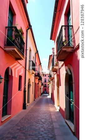 Colorful street in a charming town with vibrant buildings and clear blue sky in the afternoon Colorful street in a charming town with vibrant buildings and clear blue sky in the afternoon 128387946