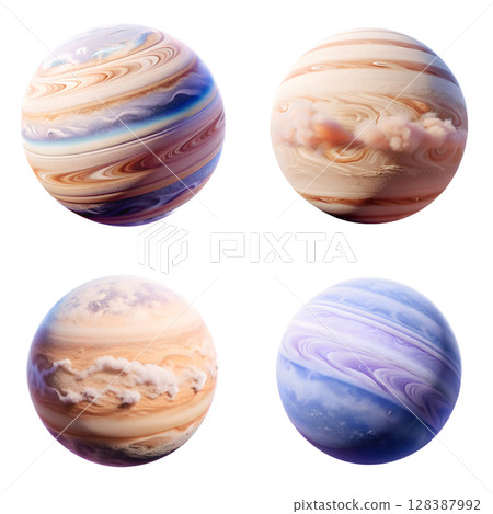 Gas giant planets with swirling storm atmospheres, exoplanets isolated for astronomy visuals 128387992