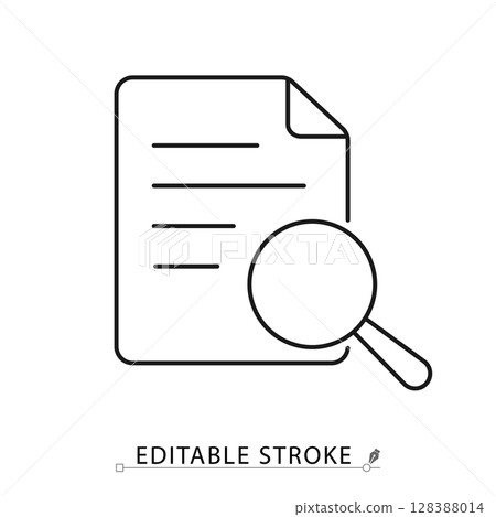 A result review icon in minimalist style with editable stroke. Document inspection, magnifier tool, file analysis, report evaluation, data check, paper research, outline vector illustration. A result review icon in minimalist style with editable stroke. Document inspection, magnifier tool, file analysis, report evaluation, data check, paper research, outline vector illustration. 128388014