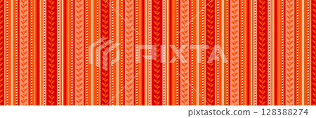 Ornamental vertical striped pattern red, orange color tones with leaves, lines and dots. Geometric and decorative elements background graphic design 128388274