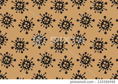 Cartoon seamless virus pattern. Pandemic brown and black danger background with abstract medical bacteria symbols. Vector illustration for fabric, design, print, wallpaper, cover, covid concept 128388498