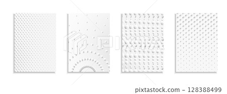 Collection of vector white futuristic dotted templates, posters, placards, brochures, banners, flyers, backgrounds and etc. Contemporary abstract point halftone covers - geometric minimal flat design 128388499