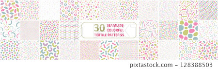 Collection of vector seamless patterns with colorful mosaic shapes. Trendy minimalistic delicate backgrounds. Textile endless prints, stylish unusual textures 128388503