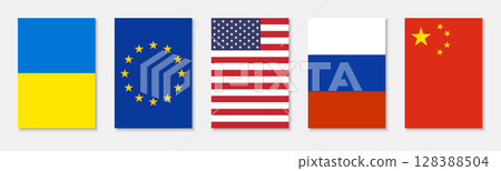Vector collection of world flags including Ukraine, United States, China, European Union, United Kingdom and Russia in a4 poster proportions isolated on white background. Vector collection of world flags including Ukraine, United States, China, European Union, United Kingdom and Russia in a4 poster proportions isolated on white background. 128388504
