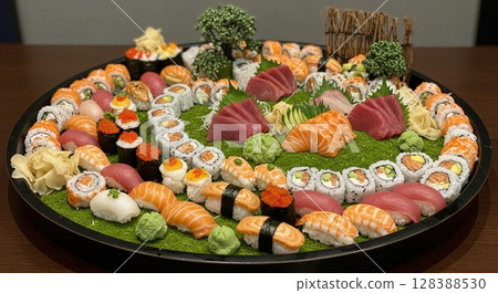 Large gourmet sushi platter with assorted rolls sashimi and nigiri on a black serving tray Large gourmet sushi platter with assorted rolls sashimi and nigiri on a black serving tray 128388530