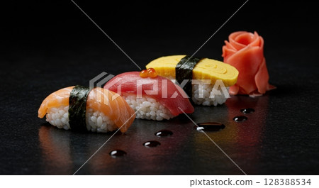 Variety of fresh sushi nigiri pieces with ginger and soy sauce on a dark background 128388534