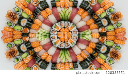 Artfully arranged sushi and maki rolls forming a beautiful circular pattern on a white surface 128388551