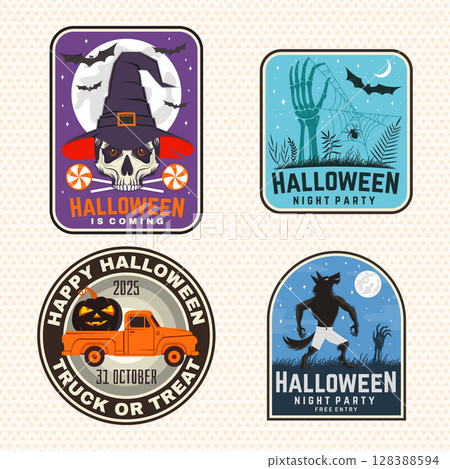 Set of Halloween celebration collection with retro grunge effect. Halloween party retro templates, badges, seals, patches. Concept for shirt or logo, print, stamp. Typography design- stock vector. 128388594