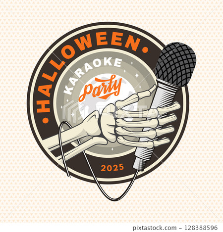 Halloween karaoke party patch design. Vector illustration. For holiday Halloween design sticker, shirt, logo, badge, decorations, cards, banner with skull hand hold microphone silhouette. Halloween karaoke party patch design. Vector illustration. For holiday Halloween design sticker, shirt, logo, badge, decorations, cards, banner with skull hand hold microphone silhouette. 128388596