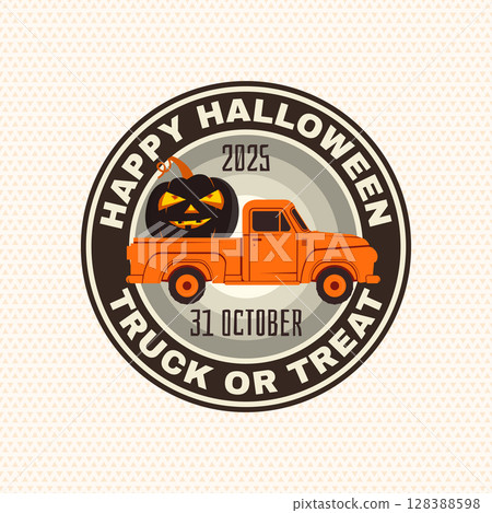 Happy Halloween. Truck or treat party patch design. Vector illustration. For holiday Halloween sticker design, shirt, logo, badge, decorations, cards, banner with Pumpkin Pickup Truck silhouette. 128388598