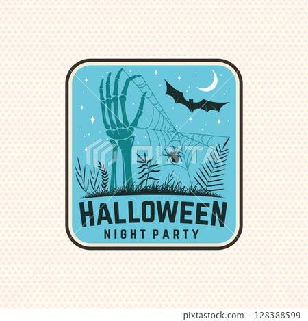 Halloween night party patch design. Vector illustration. For holiday Halloween sticker design, shirt, logo, badge, decorations, cards, banner with skull hand sticking out of grave silhouette. 128388599