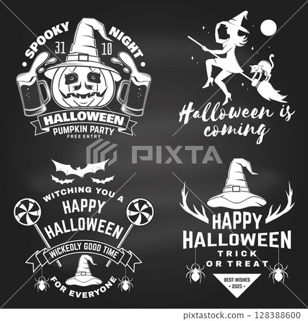 Set of Halloween celebration collection on the chalkboard. Halloween party retro templates, badges, seals, patches. Concept for shirt or logo, print, stamp. Vector Set of Halloween celebration collection on the chalkboard. Halloween party retro templates, badges, seals, patches. Concept for shirt or logo, print, stamp. Vector 128388600