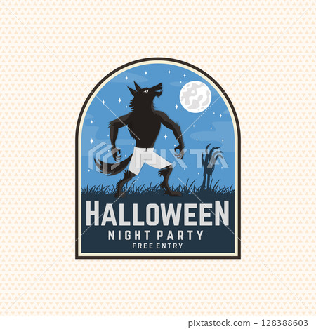 Halloween night party patch design. Vector illustration. For holiday Halloween sticker design, shirt, logo, badge, decorations, cards, banner with scary werewolf silhouette. 128388603