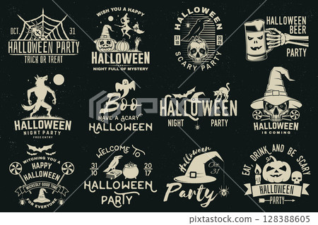 Set of Halloween celebration collection with retro grunge effect. Halloween party retro templates, badges, seals, patches. Concept for shirt or logo, print, stamp. Typography design- stock vector. 128388605