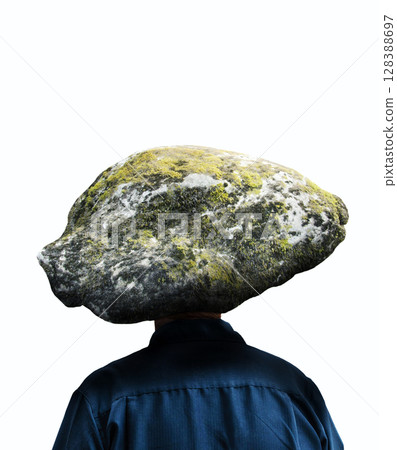 Person carrying a massive stone on his shoulders in place of his head, symbolizing overwhelming mental burden, stress, anxiety, and emotional fatigue. Person carrying a massive stone on his shoulders in place of his head, symbolizing overwhelming mental burden, stress, anxiety, and emotional fatigue. 128388697