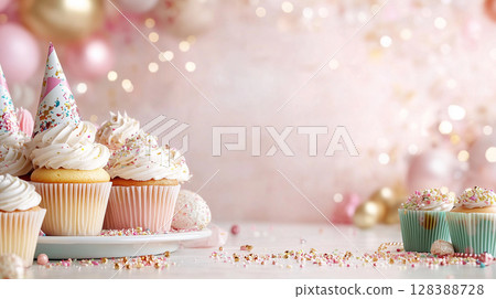Elegant birthday celebration with cupcakes and balloons in pastel colors for party decor design. Background for greeting cards or party invitations. 128388728