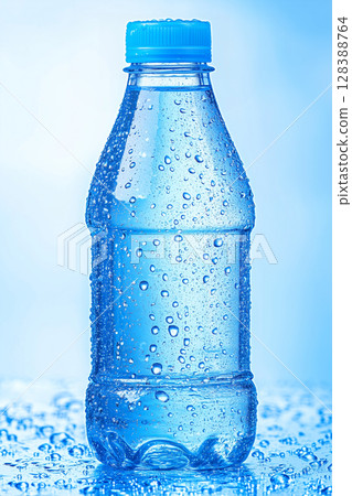 Refreshing cold water bottle with condensation and blue cap on wet surface. Bright mockup or hydration concept 128388764