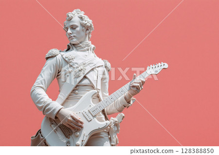 Contemporary statue of a musician with a guitar against a vibrant pink backdrop Contemporary statue of a musician with a guitar against a vibrant pink backdrop 128388850