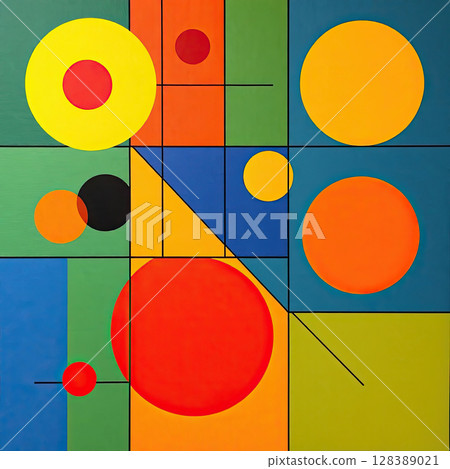 Retro-inspired geometric design with energetic color palette. 128389021