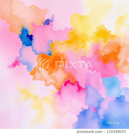 Freeform watercolor artwork with dreamy and vibrant tones. 128389055