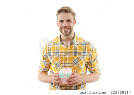 Young guy hold present box for Valentines day. Happy anniversary. Man with gift isolated on white. Birthday gift. Party on mens day. Mens day. Birthday party present. Man on February 14. Flash sale Young guy hold present box for Valentines day. Happy anniversary. Man with gift isolated on white. Birthday gift. Party on mens day. Mens day. Birthday party present. Man on February 14. Flash sale 128389114