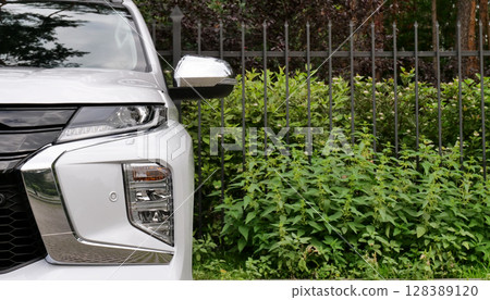 The front view of a car parked in front of a metal fence near a green park 128389120