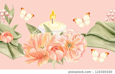 Lit candle, peonies, green hat, butterflies, berries watercolor seamless border on pink background. Perfect for wedding invites, tape, cosmetic products packaging, romantic decor and seasonal designs Lit candle, peonies, green hat, butterflies, berries watercolor seamless border on pink background. Perfect for wedding invites, tape, cosmetic products packaging, romantic decor and seasonal designs 128389160
