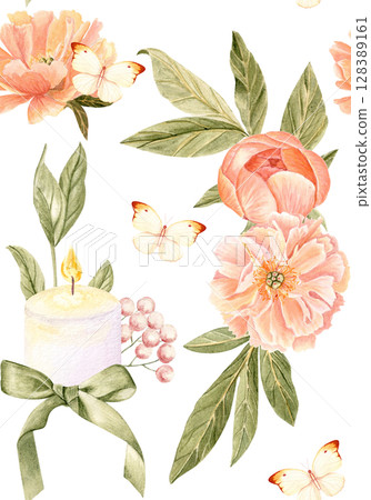 White candles, green tropical leaves, butterflies seamless pattern on white background. Hand-painted. Ideal for romantic decor, wedding design, gift wrapping, packaging, branding and stationery White candles, green tropical leaves, butterflies seamless pattern on white background. Hand-painted. Ideal for romantic decor, wedding design, gift wrapping, packaging, branding and stationery 128389161