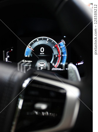 Car LED dashboard display with engine revolutions, speed, temperature, fuel level, fuel consumption and mileage Car LED dashboard display with engine revolutions, speed, temperature, fuel level, fuel consumption and mileage 128389212