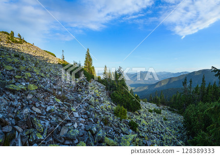 Summer Carpathian mountains evening view. Stony Gorgany massif, Ukraine. Summer Carpathian mountains evening view. Stony Gorgany massif, Ukraine. 128389333