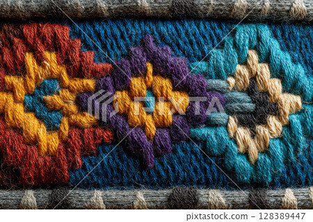 Handwoven wool rug featuring a geometric ethnic motif Handwoven wool rug featuring a geometric ethnic motif 128389447