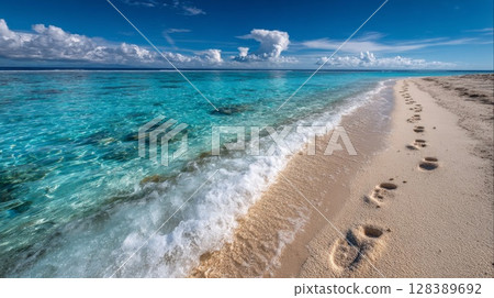 Footprints in the Sand on a Turquoise Ocean Beach 128389692