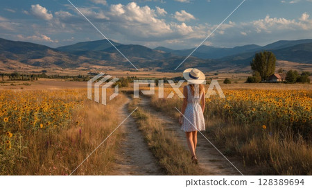 Woman in a White Dress Walks a Path Through a Field of Yellow Flowers 128389694