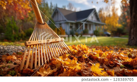 Raking Autumn Leaves in Front of a House 128389705