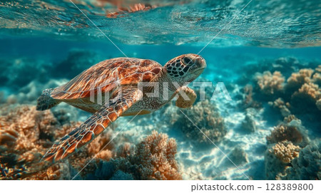 Sea Turtle Gracefully Swimming Through Vibrant Coral Reef 128389800