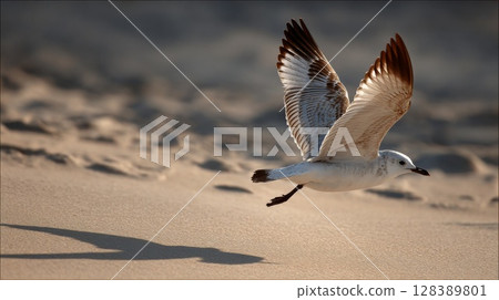 White and Brown Seagull in Flight Over Sandy Beach 128389801