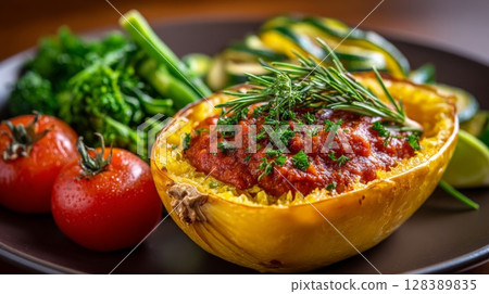 Roasted Spaghetti Squash with Red Sauce and Vegetables 128389835