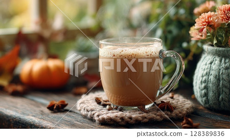Warm Pumpkin Spice Latte on Cozy Autumn Day 128389836