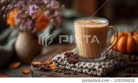 Warm Pumpkin Spice Latte with Autumnal Decor 128389838