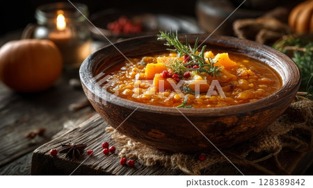 Rustic Pumpkin Lentil Soup in Brown Bowl 128389842