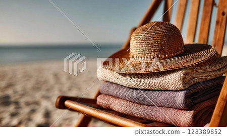 Straw Hat on Stacked Towels on Beach Chair 128389852