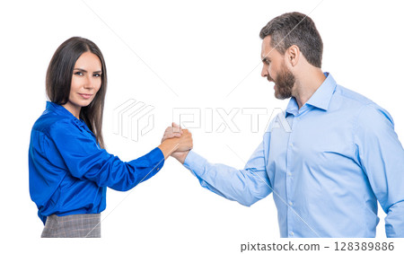 competition for leadership. business competition. two businesspeople competing in arm wrestling. Rising business competition. confrontation in office. business competitors doing arm wrestling 128389886