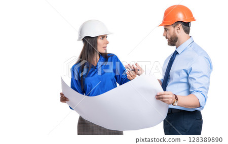 Architect planning work. Chief engineer and architect in hardhat isolated on white. Safety business. Data protection. Supervisor engineer with blueprint. Plan construction project. Making model house 128389890