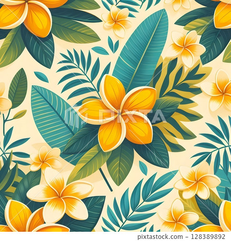 Seamless Tropical Floral Pattern with Yellow and White Plumeria on Leafy Background. for summer wrapping paper, textile prints Seamless Tropical Floral Pattern with Yellow and White Plumeria on Leafy Background. for summer wrapping paper, textile prints 128389892