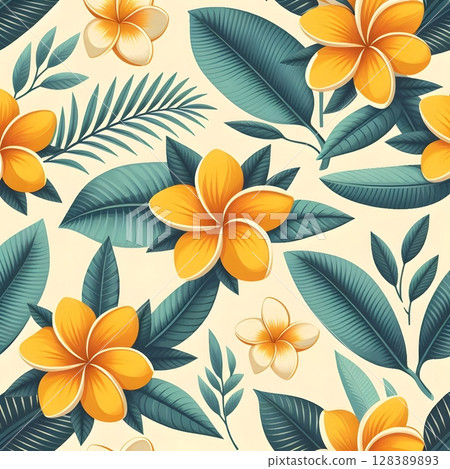 Seamless Tropical Floral Pattern with Yellow and White Plumeria on Leafy Background. for summer wrapping paper, textile prints Seamless Tropical Floral Pattern with Yellow and White Plumeria on Leafy Background. for summer wrapping paper, textile prints 128389893