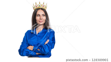 Businesswoman rewarded for success. Business director embrace the success. Copy space. Successful business. Business woman isolated on white. successful businesswoman in crown 128389901